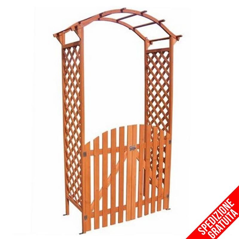 Arco per rampicanti con cancello e grigliato in legno da giardino