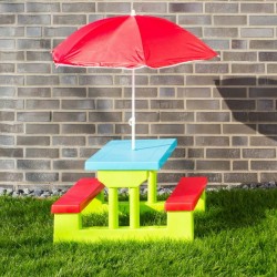 	Tavolino panchine e ombrellone da giardino per bambini