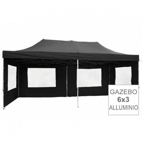 Gazebo pieghevole in alluminio per fiere mercatini 6x3 nero