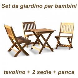 Tavolino, sedie e panca in legno da giardino per bambini