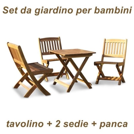 Tavolino, sedie e panca in legno da giardino per bambini