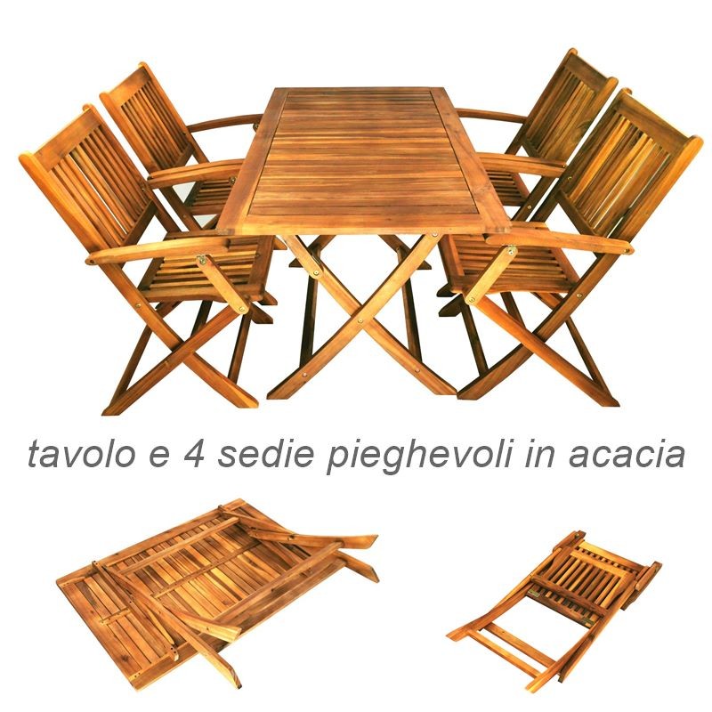 Tavolo e sedie con braccioli da giardino in legno pieghevoli
