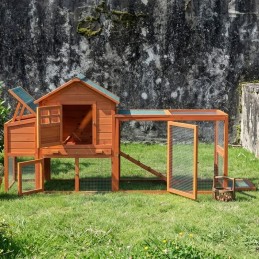 Pollaio in legno massello da giardino con casetta e recinto