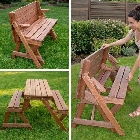 Panchina da giardino trasformabile in tavolo e due panche in legno