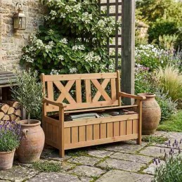 Panchina da giardino in legno tipo cassapanca con contenitore porta oggetti